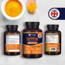 Eine Produktaufnahme, die drei Ansichten einer Flasche des Prowise Organic Turmeric, Ginger & Black Pepper Nahrungsergänzungsmittels (2280mg pro Portion, 180 vegane Kapseln) zeigt, mit Schalen voller Kurkumapulver und dem Made in UK Logo auf dem dunkelblauen und orangefarbenen Etikett.