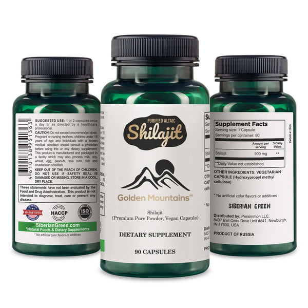 SiberianGreen - Capsules végétaliennes Shilajit Golden Mountains 500 mg Pure Altai 90 pièces Oligo-éléments de qualité supérieure