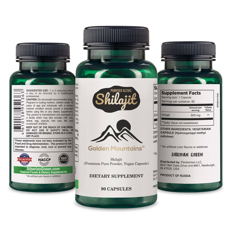 SiberianGreen - Capsules végétaliennes Shilajit Golden Mountains 500 mg Pure Altai 90 pièces Oligo-éléments de qualité supérieure