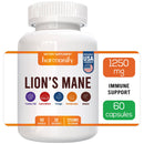 Eine Flasche Harmonify Lion's Mane Nahrungsergänzungsmittel, die 1250 mg pro Portion liefert und die Inhaltsstoffe Turkey Tail, Lion's Mane, Chaga, Cordyceps und Reishi hervorhebt. Es ist für Immununterstützung und kommt mit 60 Kapseln.