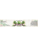 Ein Produktetikett für „Ancient Purity Bio-Gum Tooth Powder“, das Inhaltsstoffe und Anwendungshinweise auflistet.