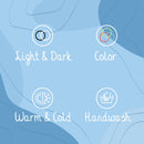 Diagramm mit Wäschepflegesymbolen und Text für verschiedene Wascharten: "Hell & Dunkel", "Farbe", "Warm & Kalt" und "Handwäsche" auf blauem Hintergrund.