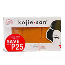 Eine Schachtel Kojie.san Skin Lightening Soap Classic, verkauft als Value Pack mit 3 Stück orangefarbener Seife zu je 65g, mit einem roten Kreis, der einen Rabatt von "SAVE UP TO P25" bewirbt, und dem Etikett "ZERO PIGMENT LIGHT".