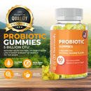 A golden "Premium Quality Product" seal above a jar of probiotic gummies containing 5 Billion CFU natural orange flavor, with labels indicating gluten-free, non-GMO certified, lab tested, and vegan product.