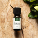 Eine kleine Flasche Ingwer-ätherisches Öl auf einer Holzscheibe mit grünen Blättern.