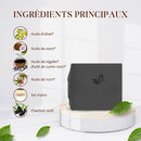 Grafik zeigt die Hauptinhaltsstoffe schwarzer Seife (Oliven-, Kokos-, Schwarzkümmel-, Rizinusöl, Meersalz, Aktivkohle).