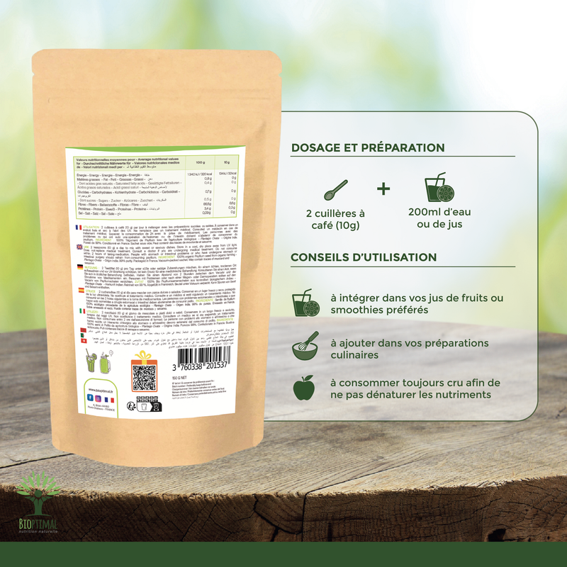 Verpackungsrückseite von Bioptimal Bio Psyllium-Tegumenten mit Nährwerttabelle, mehrsprachiger Gebrauchsanweisung und Dosierungsanleitung: 2 Teelöffel (10g) mit 200ml Wasser oder Saft mischen.