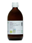Rückseite einer braunen 500ml Kokosölflasche von Ayurveda mit Zutatenliste (100% Bio-Kokosöl), Gebrauchsanweisung, Lot-Nummer, RSI und Kontaktinformationen für Ayurveda.