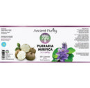  Ein vollständiges Produktetikett für Ancient Purity Pueraria Mirifica (120 Kapseln, 250 mg). Es zeigt die Inhaltsstoffe, die empfohlene Anwendung, Herstellungsdetails, ein Lebensbaum-Logo und Abbildungen der Wurzel und einer lila Blüte.