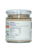 Rückseite eines Glases Kala Namak Salz, mit Zutaten (100% Steinsalzpulver), Anwendung, Nährwertangaben pro 100g (Energie, Fette, Kohlenhydrate, Protein, Salz) und Chargen-/Haltbarkeitsdaten.