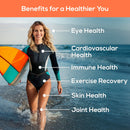 Eine lächelnde Frau in einem Surfanzug, die ein Surfbrett hält und aus dem Meer kommt. Eine Infografik listet die Vorteile für Augen, Herz-Kreislauf, Immunsystem, Gelenke und Hautgesundheit sowie für die Erholung nach dem Sport auf.