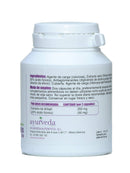 Eine weiße Flasche Ayurveda Shilajit Kapseln mit Produktinformationen auf Spanisch, einschließlich Zutaten, empfohlener Dosierung und Firmeninformationen.