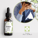 Eine Flasche "Fleur de Bach Stress" auf der linken Seite, mit einem runden Bild eines gestressten Mannes im oberen rechten Bereich, der sein Gesicht in den Händen hält. Unten rechts befindet sich das "Conseil Fleur de Bach" Logo.
