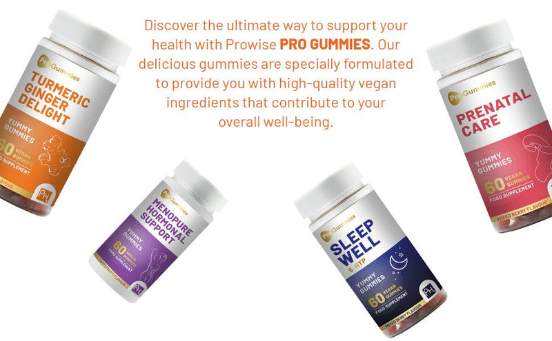 Vier Flaschen der Nahrungsergänzungsmittel ProGummies – Kurkuma-Ingwer-Genuss, Menopure Hormonelle Unterstützung, Schlaf gut und Schwangerschaftsvorsorge – werden vor einem weißen Hintergrund mit orangefarbenem Werbetext präsentiert.