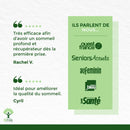 Kundenbewertungen für 'Ashwagandha Bio', die Vorteile zur Verbesserung des Schlafs hervorheben, neben Logos von Medien wie Ouest France, Seniors Actuels und Santé Revue, auf grünem und weißem Hintergrund.