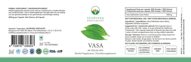 Ayurveda Specialist BV - Capsules Vasa 500 mg – Soutien naturel pour une respiration libre