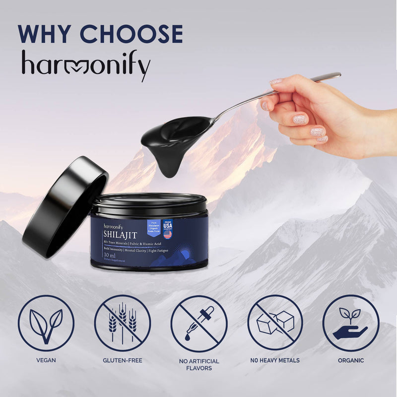 HARMONIFY Shilajit Resin, Pure Himalayan Shilajit in Gold Quality, 100% Pure Shilajit with Fulvic Acid and Over 80 Trace Elements, Energy and Immune Support Complex, 60 Daily Servings