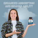 Eine lächelnde Frau in einem karierten Hemd hält eine Prowise Advanced 4 in 1 Magnesium Complex Flasche in ihrer Hand, mit dem Text "ENHANCED ABSORPTION AND BIOAVAILABILITY" im oberen Bereich.