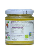 Das rückseitige Etikett eines Glasgefäßes mit "Ayurveda autentico Ghee". Es gibt die Inhaltsstoffe als 100 % geklärte Kuhbutter an, erwähnt mögliche Spuren von Laktose und Milchproteinen und liefert Nährwertinformationen pro 100 g.