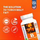 Eine orangefarbene Werbeanzeige für ein Nahrungsergänzungsmittel namens „WellnessPro B block n burn", das angeblich „Bauchfett verbrennt". Die Flasche zeigt ein Bild von Feuer und die Anzeige hebt hervor, dass das Produkt gentechnikfrei, glutenfrei und in den USA hergestellt ist.