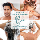 Collage von Menschen, die ihre Haare mit Savon Shampoing Bio (Bio-Shampoo-Seife) waschen.