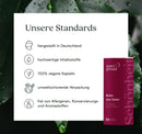Eine Infografik mit dem Titel "Unsere Standards", die die Standards der Nutriproud-Produkte umreißt. Es wird angegeben, dass die Produkte in Deutschland hergestellt werden, hochwertige Inhaltsstoffe enthalten, 100% vegane Kapseln sind, umweltfreundliche Verpackungen haben und frei von Allergenen, Konservierungsstoffen und Aromastoffen sind.