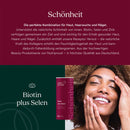 Ein Werbebild für ein Schönheitsprodukt mit einem kastanienbraunen Hintergrund und dem Text "Schönheit." Es beschreibt eine Kombination aus Biotin, Selen und Zink für gesunde Haut, Haare und Nägel sowie die Vorteile von Verisol für die Hautfeuchtigkeit.