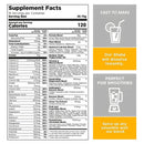 Eine "Supplement Facts"-Tabelle für ein Getränkepulver, die detaillierte Nährwerte und Inhaltsstoffe anzeigt, neben Abschnitten, die die einfache Zubereitung und die Eignung für Smoothies hervorheben.