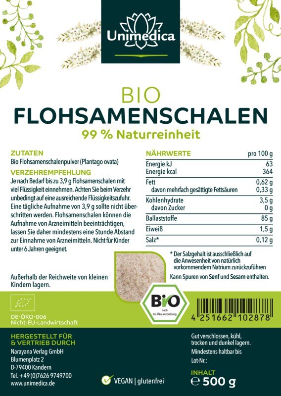 Bio Flohsamenschalen - 99 % Naturreinheit - Premiumqualität - 500 g Pulver