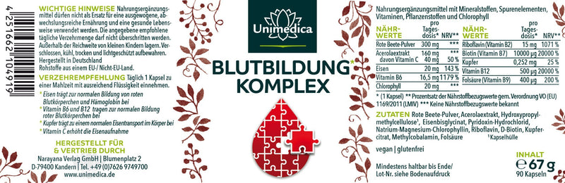 Blutbildung* Komplex - mit Eisen, Acerola, Chlorophyll, Kupfer und Vitaminen - 90 Kapseln - von Unimedica