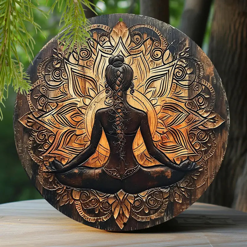 Spring Round Metal Sign (8") - Wood Carved Painted Wreath Sign for Entryway Decoration. Perfect Gift for Boys and Yoga Decor!