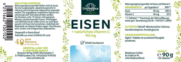 Eisen Bisglycinat - 40 mg Eisen und 40 mg Vitamin C pro Tagesdosis (1 Tablette) - hochdosiert - 120 Tabletten - von Unimedica