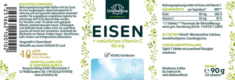 Iron Bisglycinate - 40 mg iron and 40 mg vitamin C per daily dose (1 tablet) - high dose - 120 tablets - from Unimedica