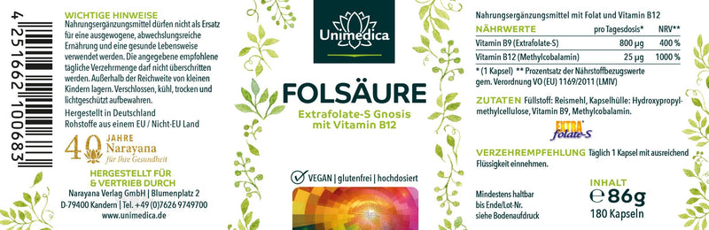 Folsäure mit Extrafolate S von Gnosis und Vitamin B12 - 800 µg Folsäure und 25 µg Vitamin B12 pro Tagesdosis (1 Kapsel) - 180 Kapseln - von Unimedica