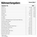 Eine Nahaufnahme der Nährwertangaben-Tabelle für Forever ARGI+ in deutscher Sprache. Die Tabelle listet Inhaltsstoffe und Mengen für eine Tagesdosis von 10g auf, darunter Vitamine (C, D3, K2, B6, B12, Folsäure), L-Arginin (5g), D-Ribose (50mg) und eine Forever gefriergetrocknete Frucht-Extrakt-Mischung (114 mg).