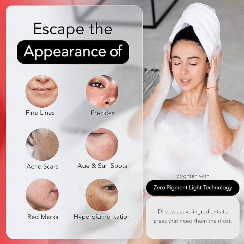 Eine Werbung für ein Hautpflegeprodukt, das verspricht, das Erscheinungsbild von feinen Linien, Sommersprossen, Aknenarben, Alters- und Sonnenflecken, roten Flecken und Hyperpigmentierung zu "entkommen", unter Verwendung der "Zero Pigment Light Technology".