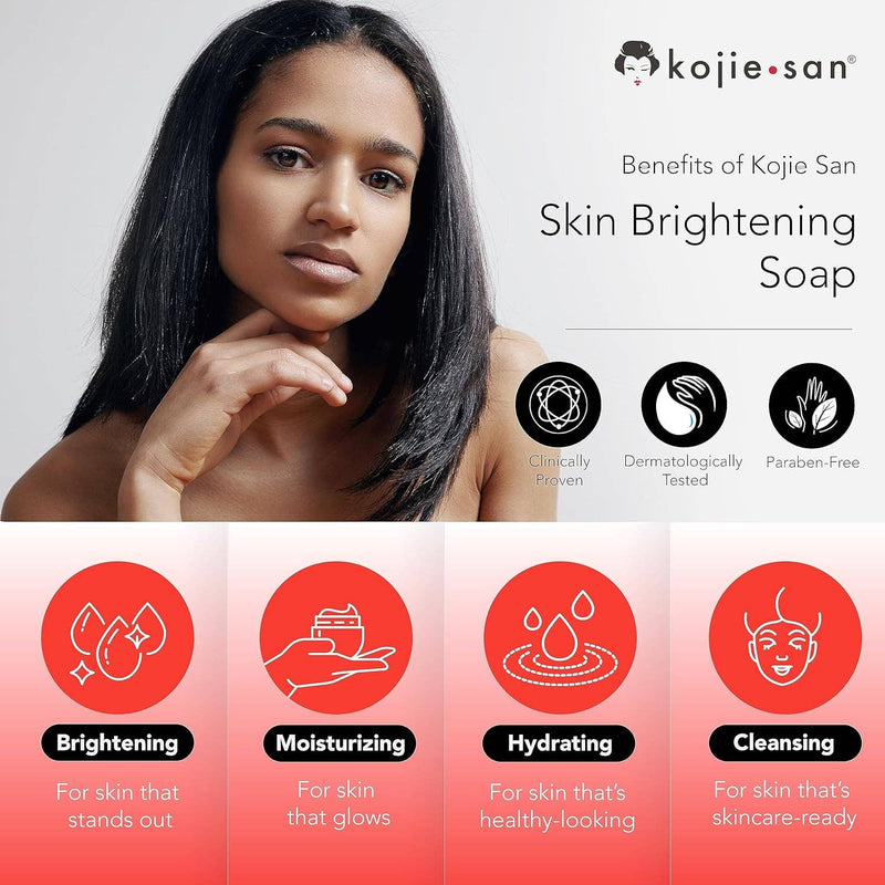 Eine Werbung für die Kojie San Skin Brightening Soap, die eine Frau zeigt und die Vorteile auflistet: Klinisch erwiesen, Dermatologisch getestet (Dermatologically Tested), Parabenfrei und vier Hauptfunktionen: Aufhellend, Feuchtigkeitsspendend , Hydratisierend  und Reinigend .