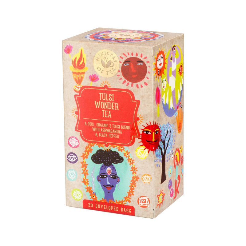 Bunte Pappschachtel des Ministry of Tea Tulsi Wonder Tees mit abstrakten Illustrationen.