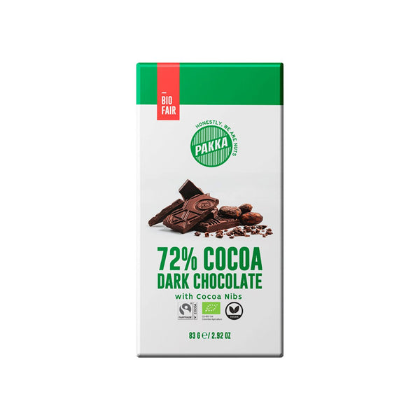 Pakka Dark Chocolate with Cocoa Nibs 72%, EU Organic/FLO-Fairtrade