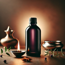 Eine Nahaufnahme einer dunklen Flasche, umgeben von einem brennenden Teelicht, Kräutern und dekorativen Gefäßen in einem stimmungsvollen, warmen Licht.