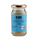 Ein Glas Nimi Ayurveda Sitophaladi Churna Premium, ein 100 g schweres veganes Nahrungsergänzungsmittel mit blauem Etikett und Kupferdeckel.