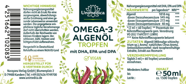 Vegan Omega 3 Algae Oil Drops - with DHA, EPA and DPA - 50 ml - from Unimedica