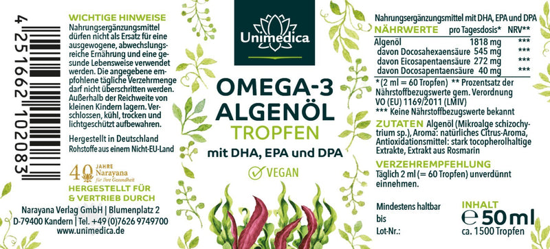 Gouttes d'huile d'algues végétaliennes Omega 3 - avec DHA, EPA et DPA - 50 ml - d'Unimedica