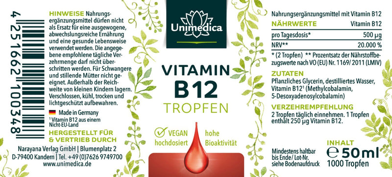 Gouttes de vitamine B12 - avec 500 µg de vitamine B12 par dose quotidienne (2 gouttes) - sans alcool - VEGAN - 50 ml