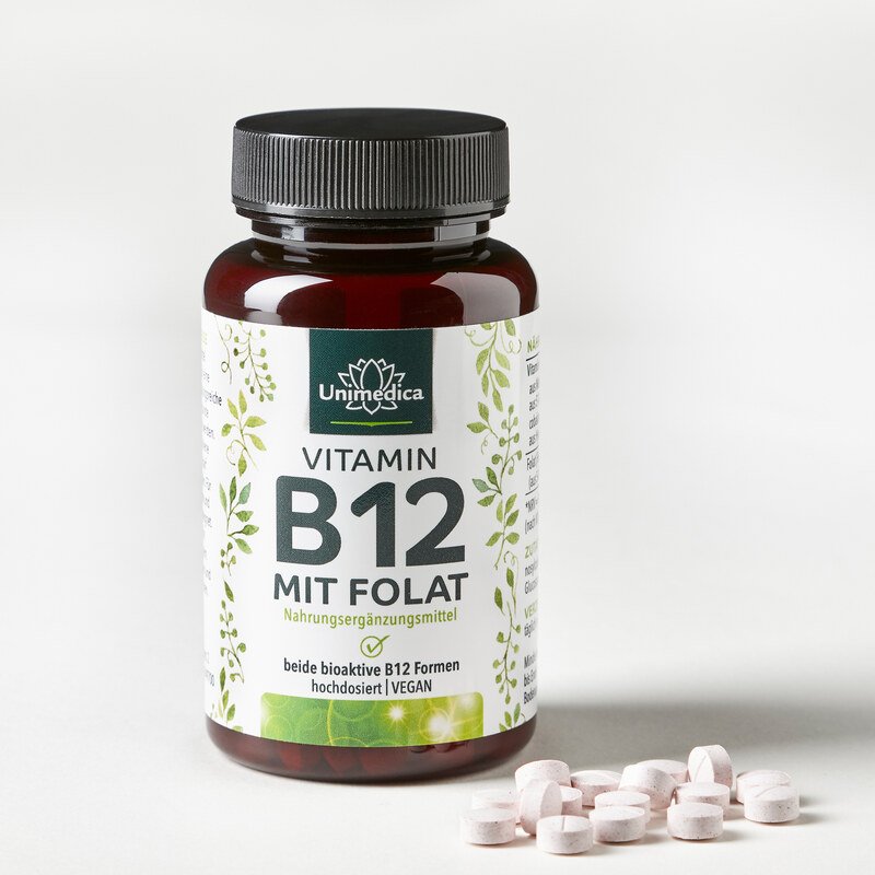 Vitamin B12 mit Folat - 500 µg B12 und 400 µg Folat - 180 Tabletten - von Unimedica