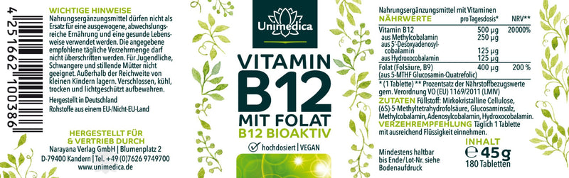 Vitamin B12 mit Folat - 500 µg B12 und 400 µg Folat - 180 Tabletten - von Unimedica