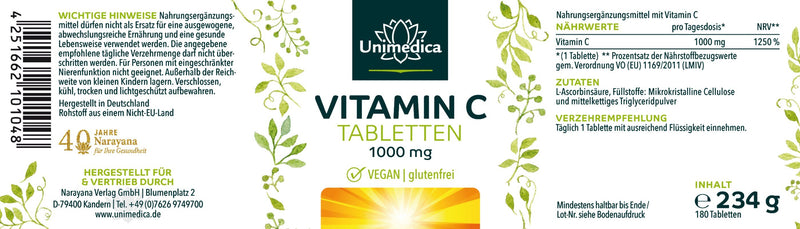 Vitamine C - 1000 mg - pureté 99% - dosage élevé - 180 comprimés