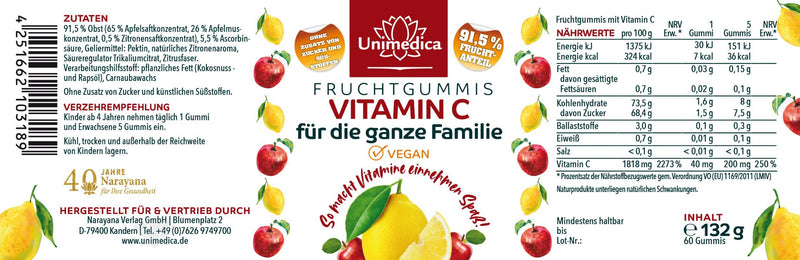 Vitamin C Fruchtgummis für die ganze Familie - mit 91,5 % Fruchtanteil - 60 Gummis - von Unimedica