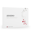 Eine weiße Packung des Zinzino BalanceTest mit norwegischer Formulierung und einer Molekülgrafik.