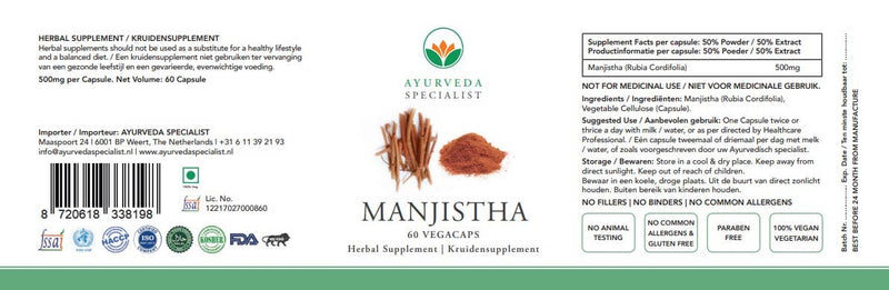 Ayurveda Specialist BV – Capsules de Manjistha 500 mg – Soutien à la circulation, à la glycémie et à la résistance au stress